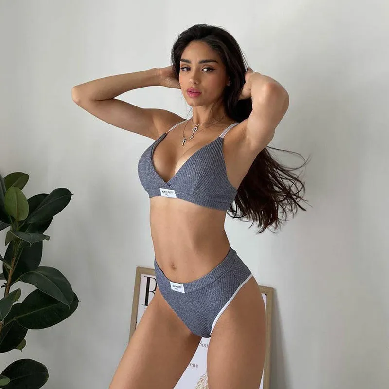 Women's embroidered bikini set with contrast colour binding in black, grey or white colours