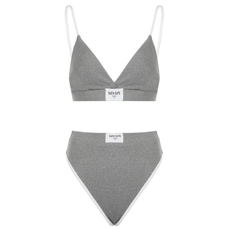 Women's embroidered bikini set with contrast colour binding in black, grey or white colours