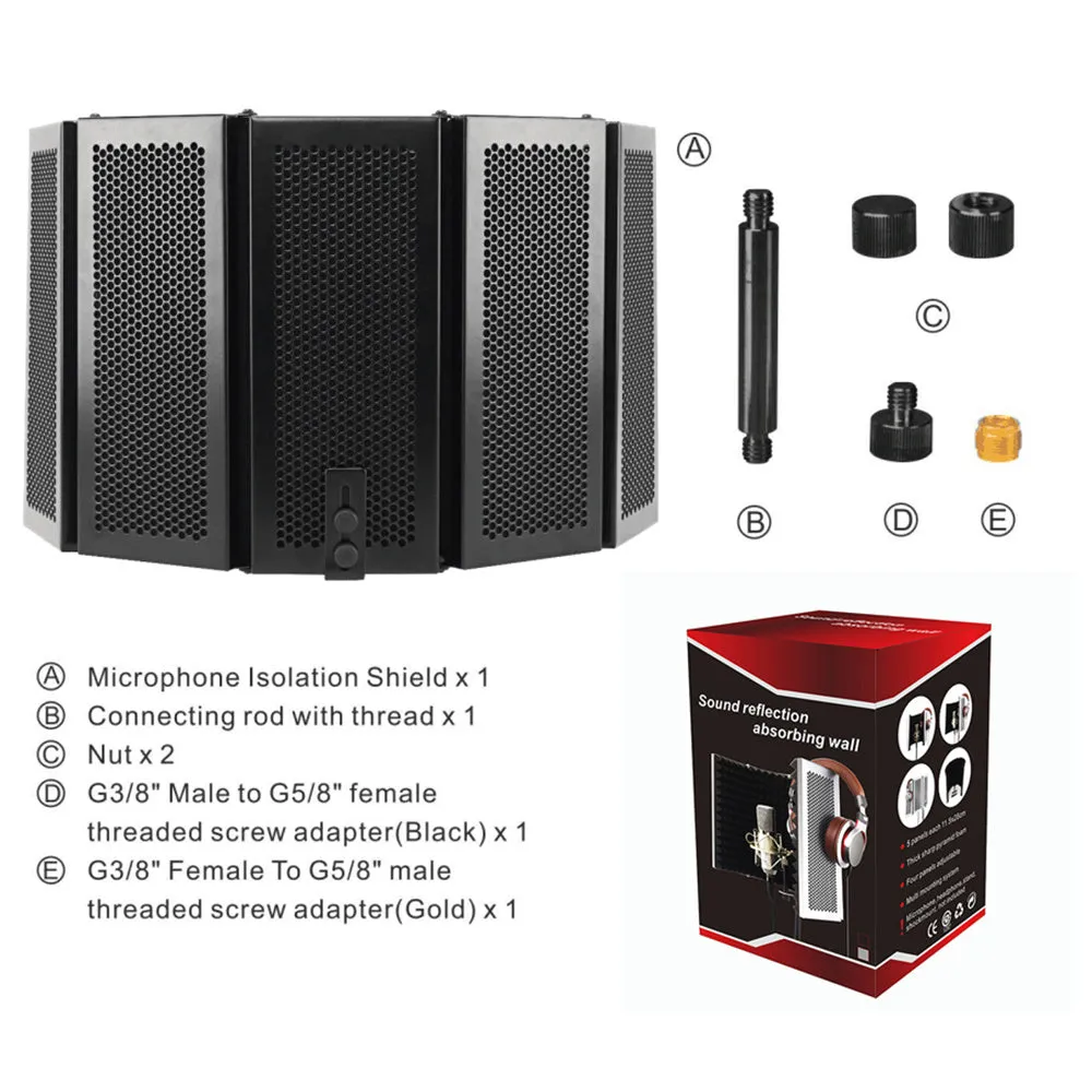 Black 5-door microphone enclosure with sound absorbing foam panels measuring 36 x 28 cm on a microphone stand