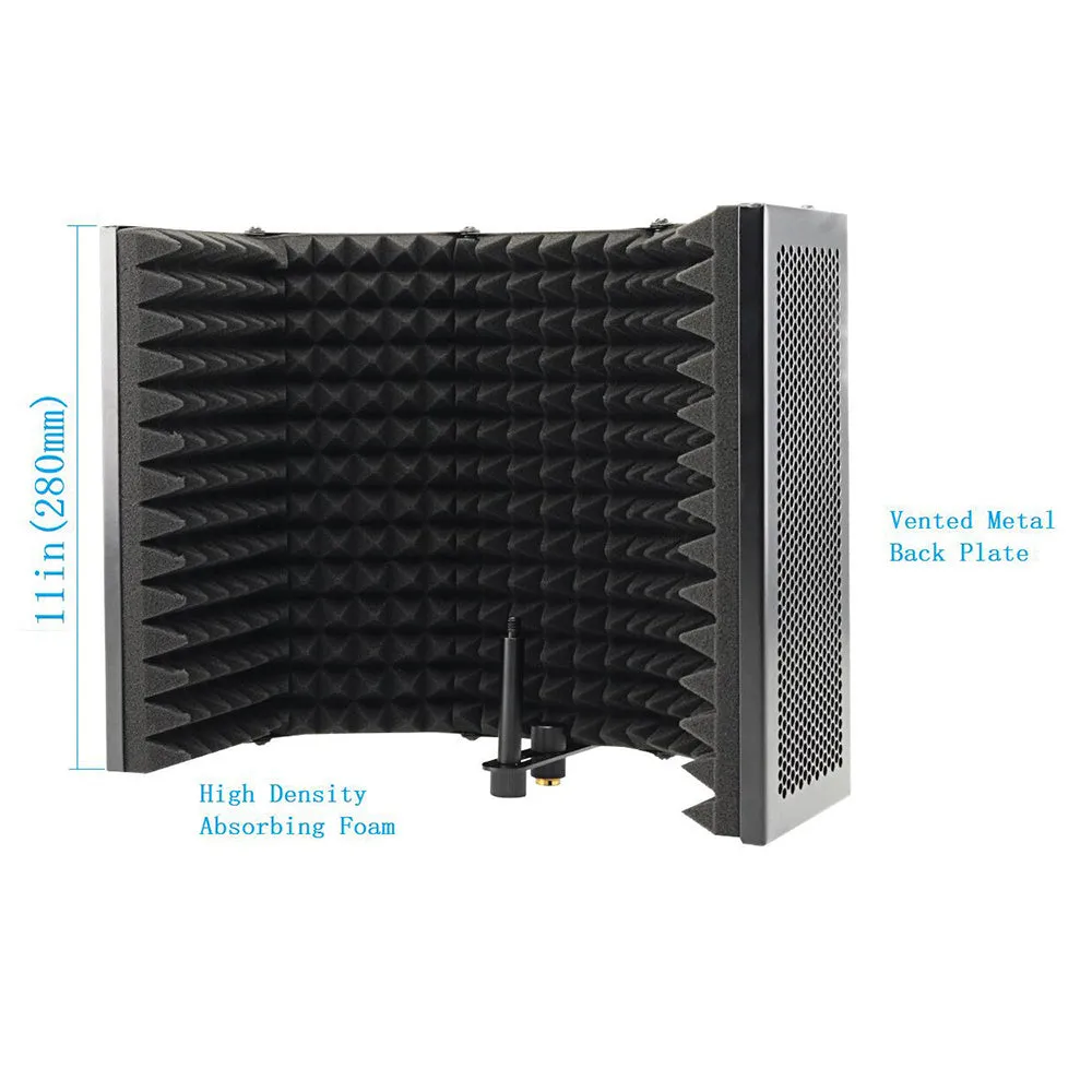 Black 5-door microphone enclosure with sound absorbing foam panels measuring 36 x 28 cm on a microphone stand