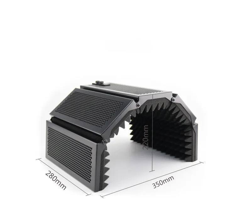 Black 5-door microphone enclosure with sound absorbing foam panels measuring 36 x 28 cm on a microphone stand
