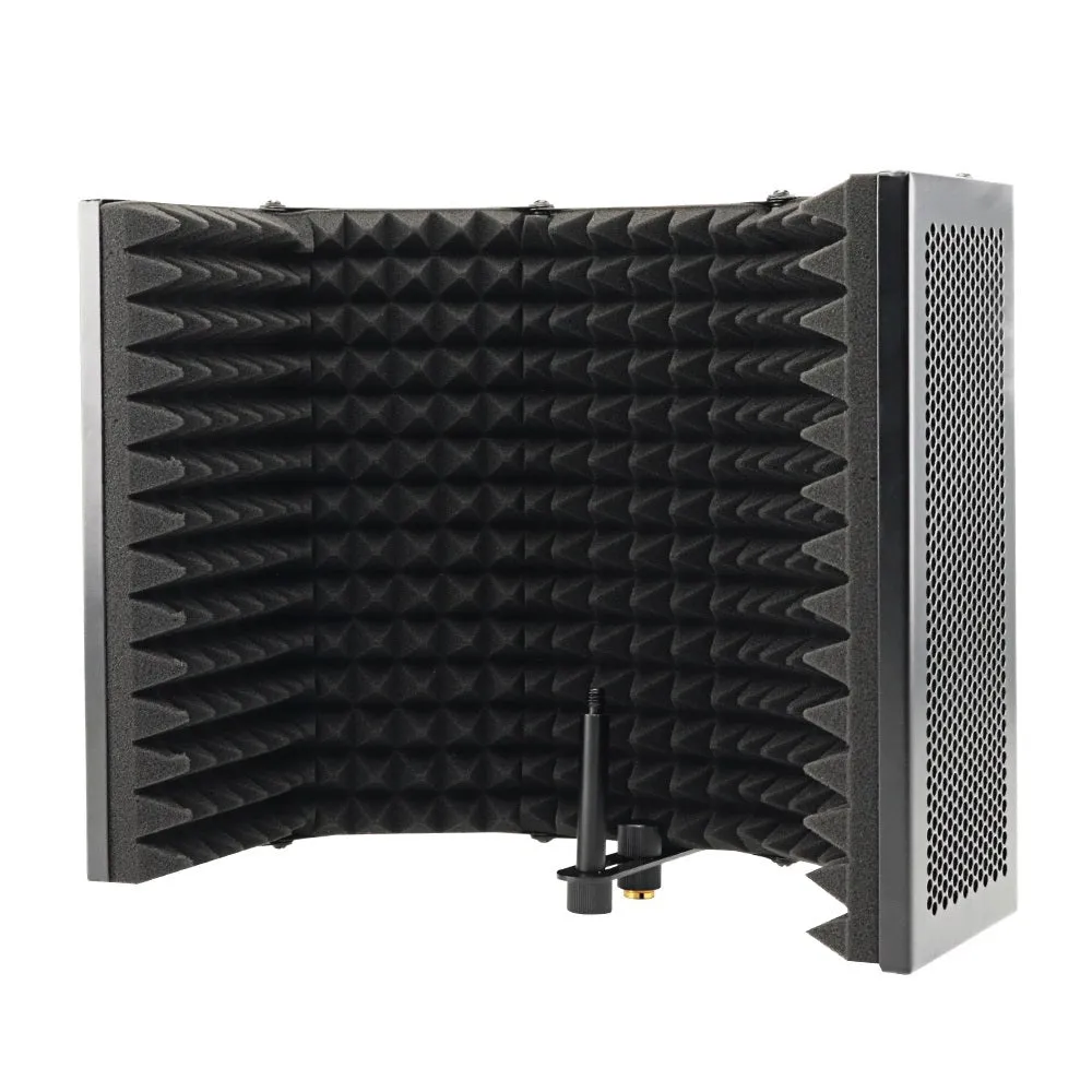 Black 5-door microphone enclosure with sound absorbing foam panels measuring 36 x 28 cm on a microphone stand