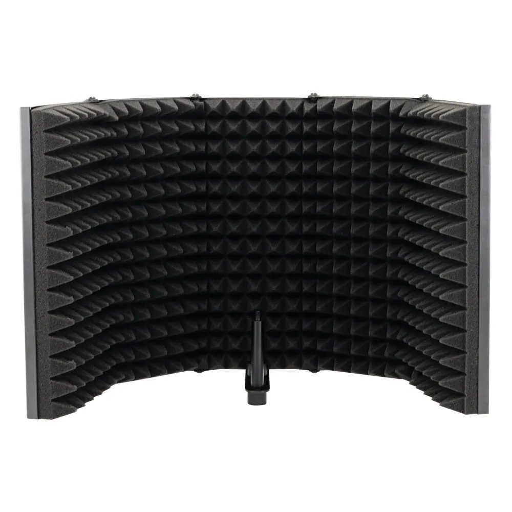 Black 5-door microphone enclosure with sound absorbing foam panels measuring 36 x 28 cm on a microphone stand