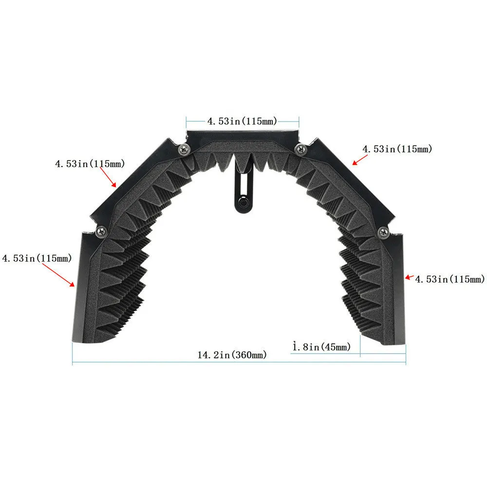 Black 5-door microphone enclosure with sound absorbing foam panels measuring 36 x 28 cm on a microphone stand