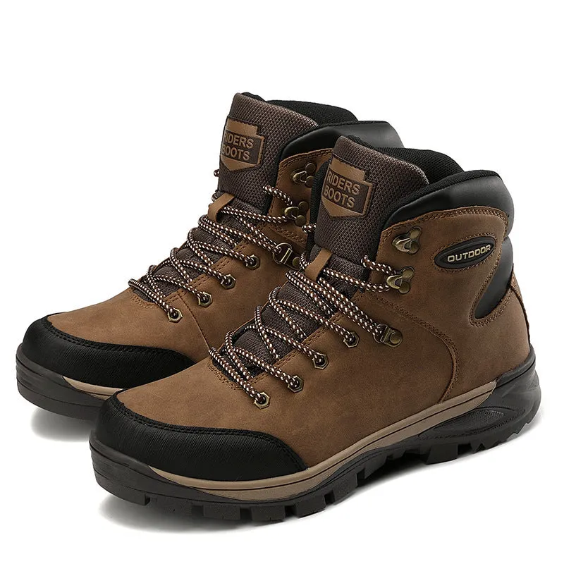 Men's winter high-top cotton boots in black, first layer cowhide leather, velvet lining, rubber sole, lace-up style