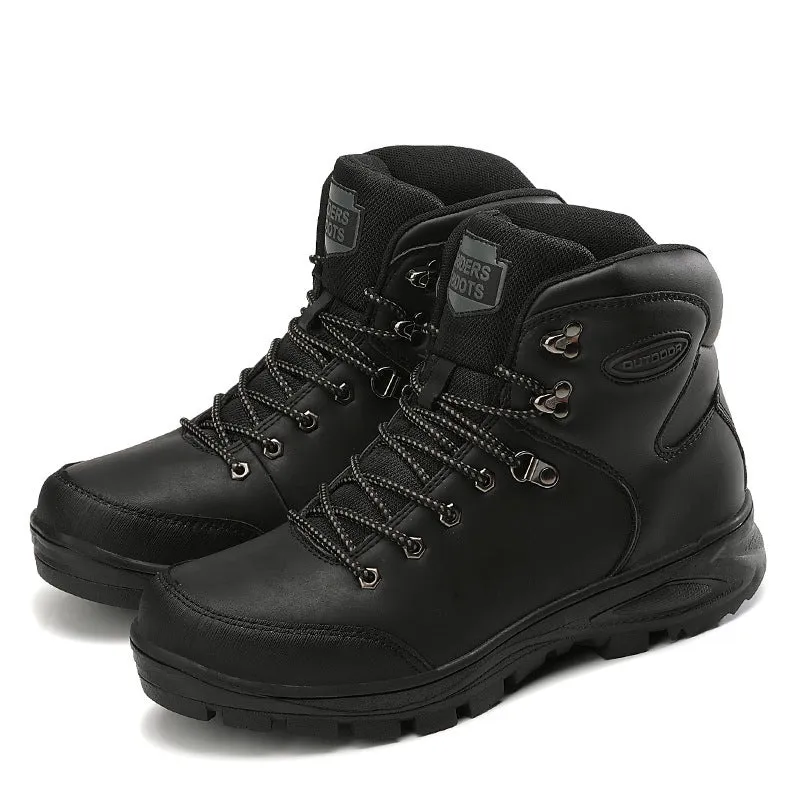Men's winter high-top cotton boots in black, first layer cowhide leather, velvet lining, rubber sole, lace-up style
