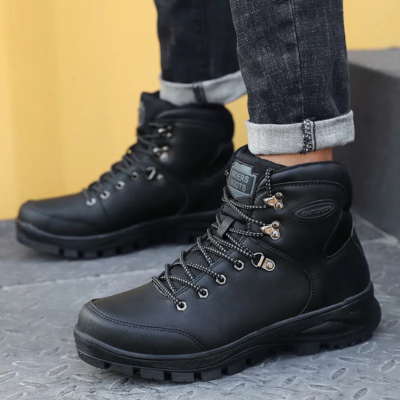 Men's winter high-top cotton boots in black, first layer cowhide leather, velvet lining, rubber sole, lace-up style
