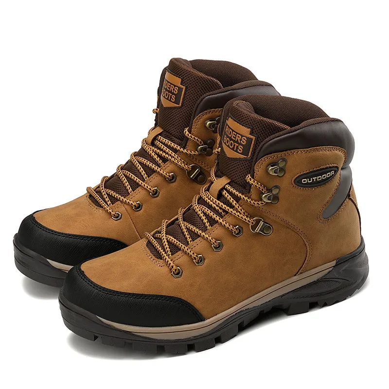 Men's winter high-top cotton boots in black, first layer cowhide leather, velvet lining, rubber sole, lace-up style