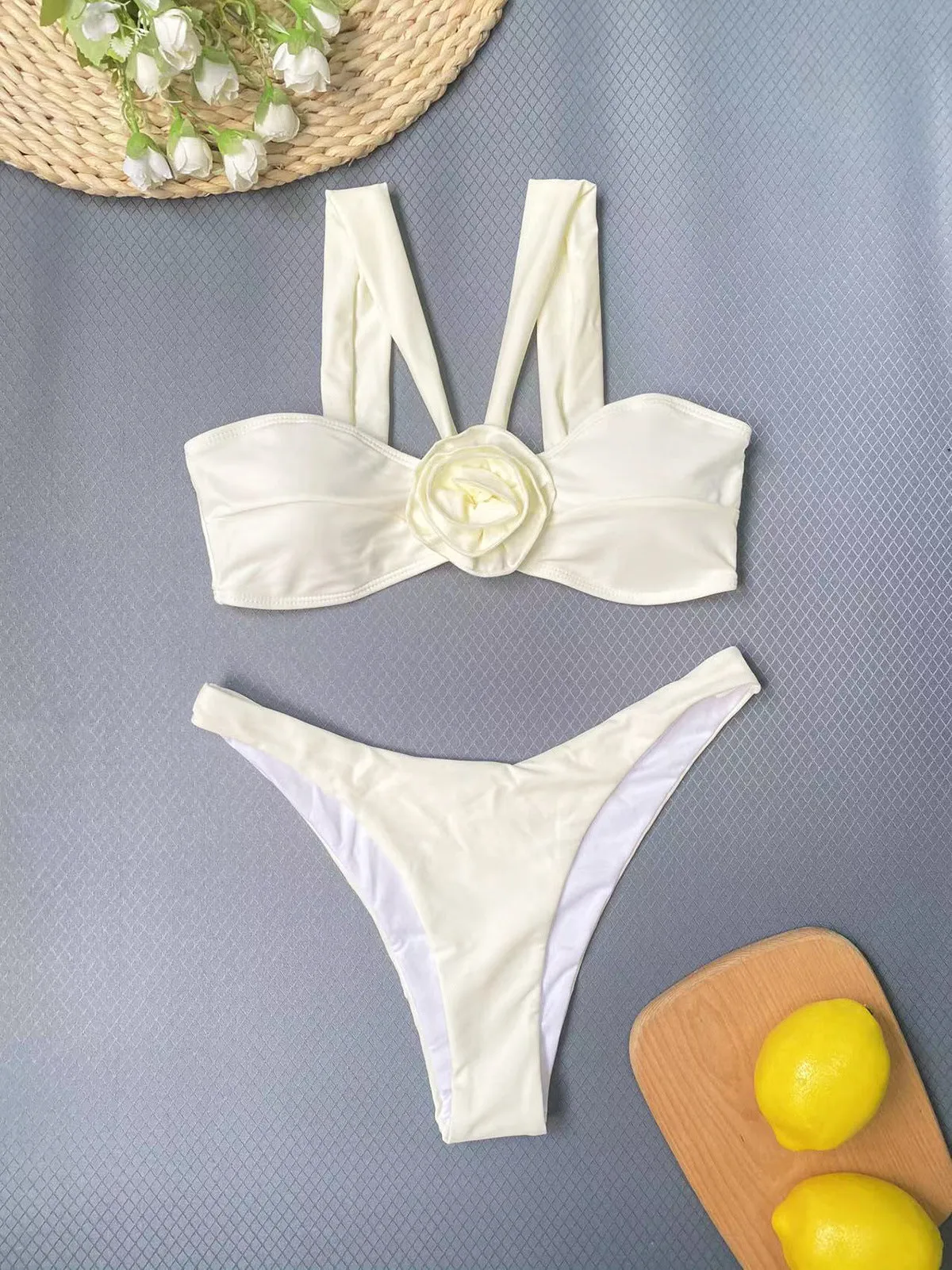 Women's three-piece 3D flower swimsuit in beige with high elasticity nylon, solid colour, sleeveless top and brief bottom
