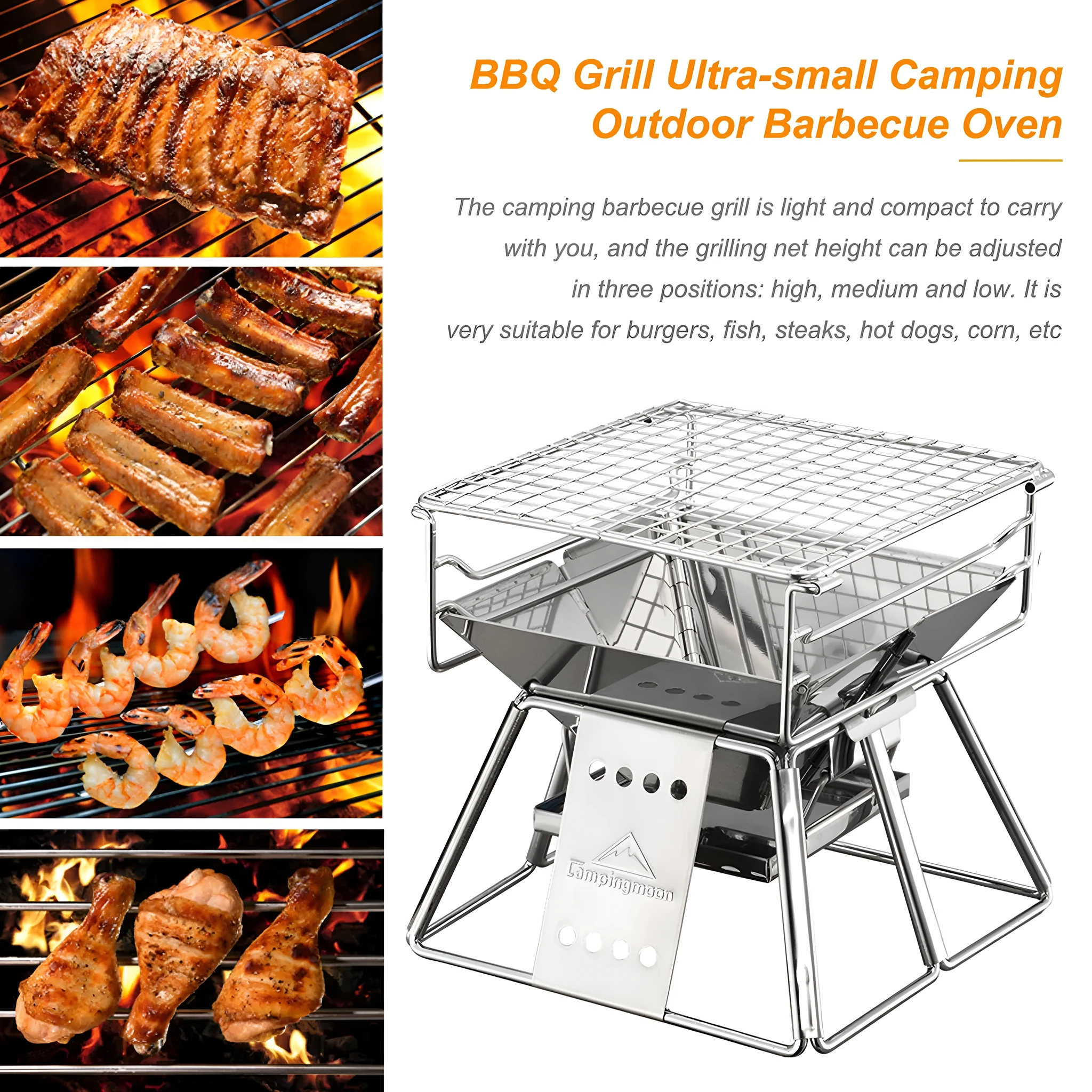 Portable stainless steel folding BBQ grill with non-stick surface in silver, with carrying case, for outdoor camping and picnics