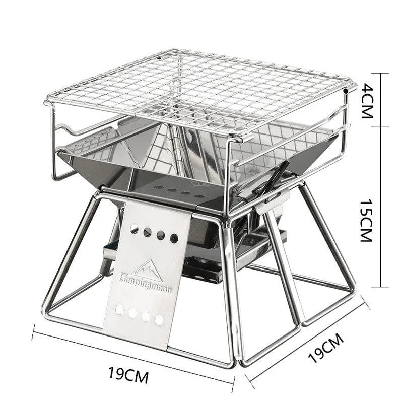 Portable stainless steel folding BBQ grill with non-stick surface in silver, with carrying case, for outdoor camping and picnics