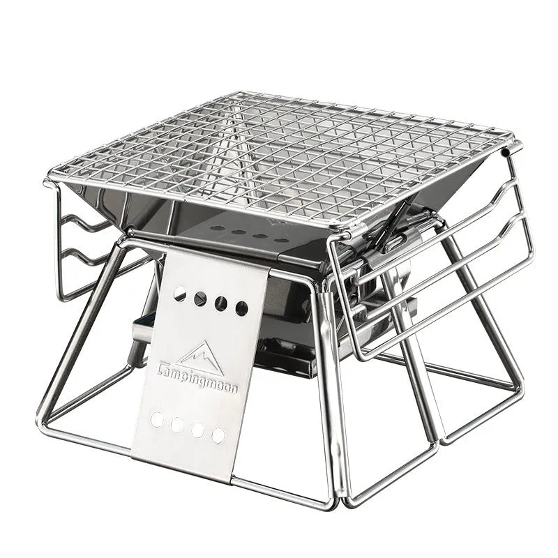 Portable stainless steel folding BBQ grill with non-stick surface in silver, with carrying case, for outdoor camping and picnics
