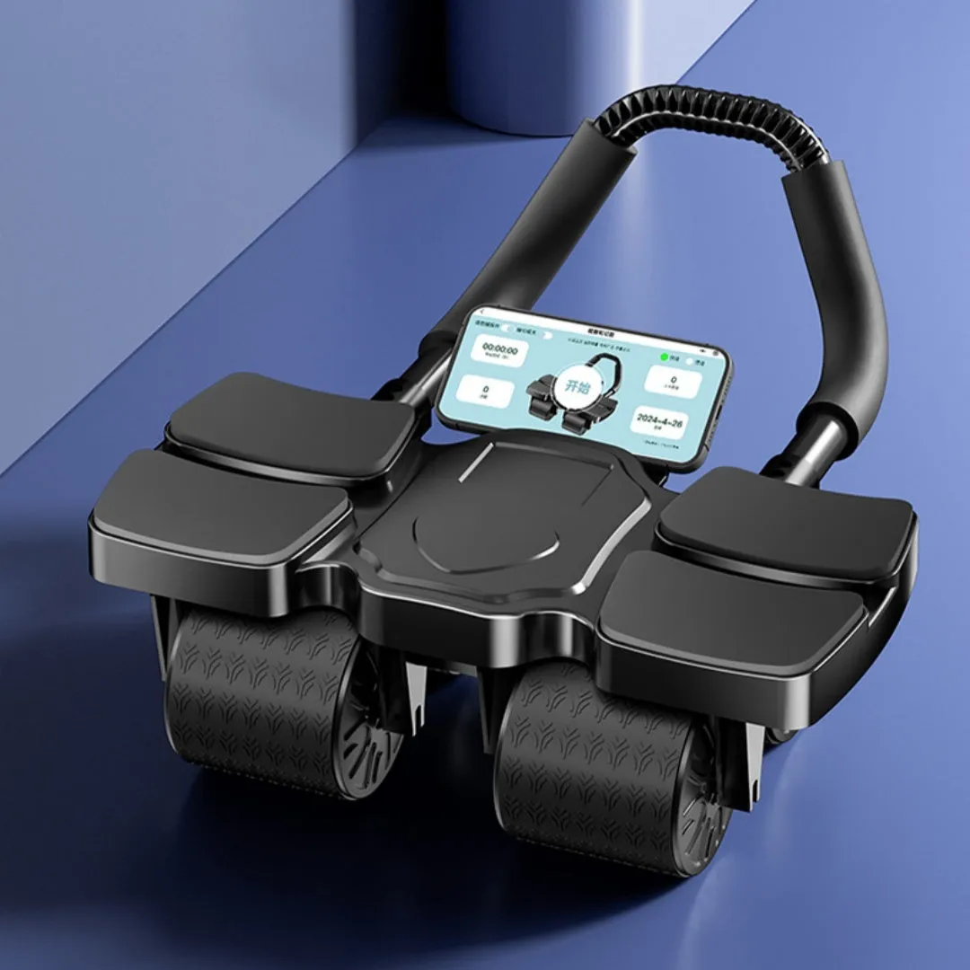 Black automatic rebound abdominal wheel with four wheels on a hardwood floor