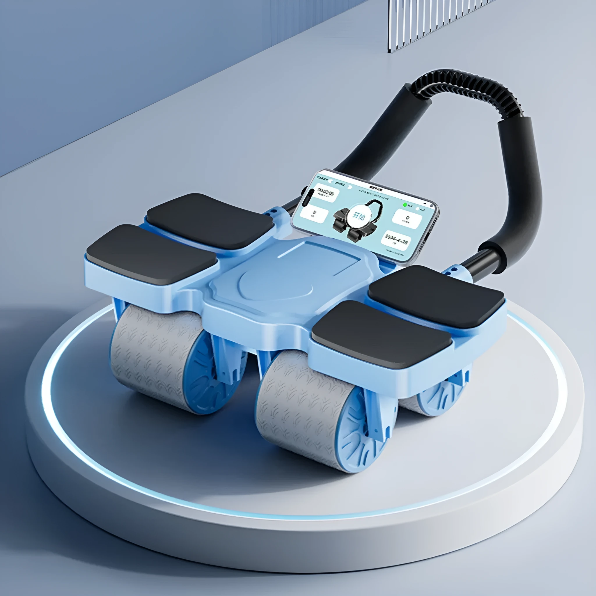 Black automatic rebound abdominal wheel with four wheels on a hardwood floor