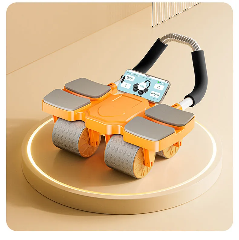 Black automatic rebound abdominal wheel with four wheels on a hardwood floor