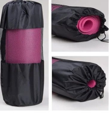 Female universal sports yoga mat in black, 10mm thick NBR foam, 183x61cm, with tied rope net bag
