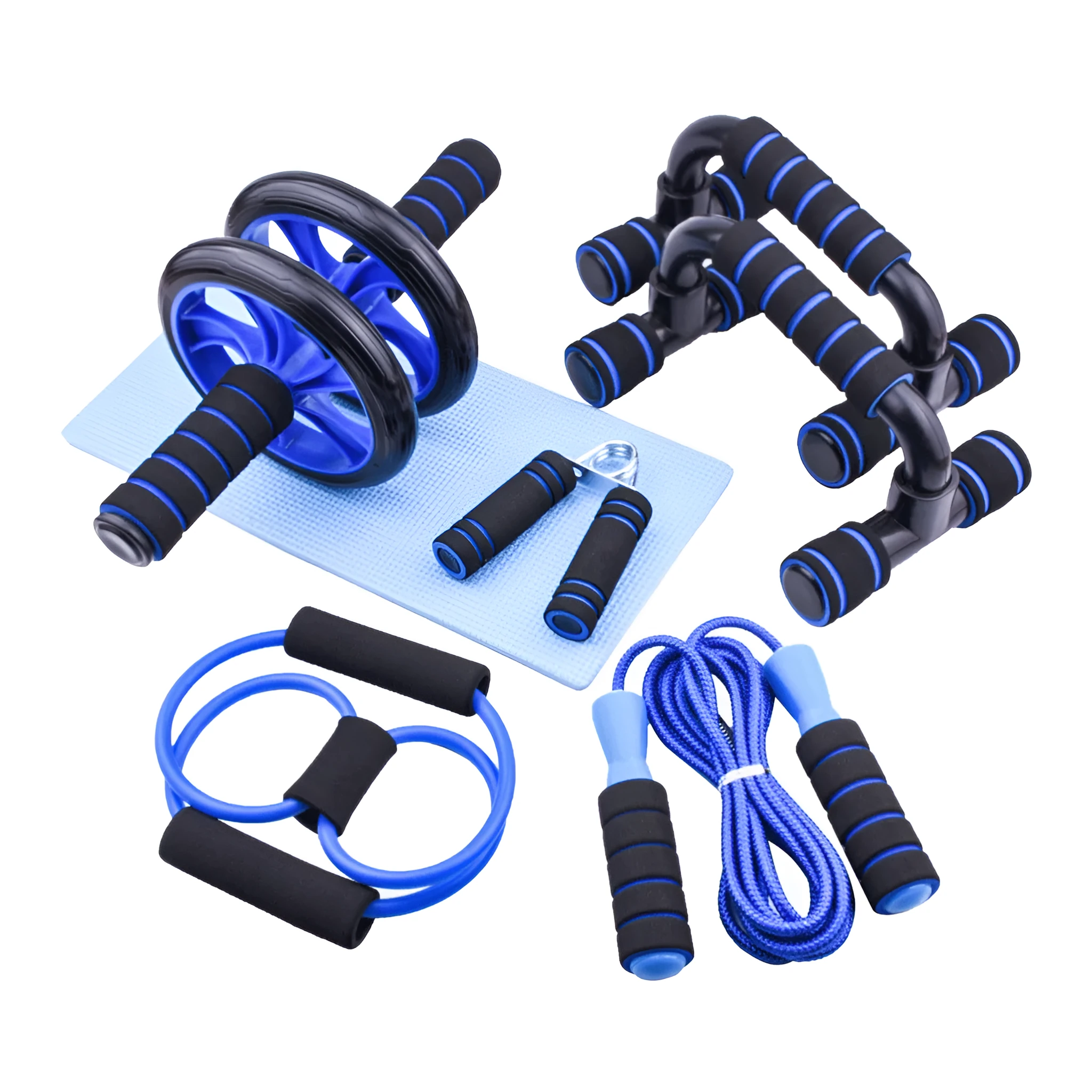 Multifunctional 6-piece abdominal wheel set with push-up bars, hand grippers, knee pad, and rope in blue colour