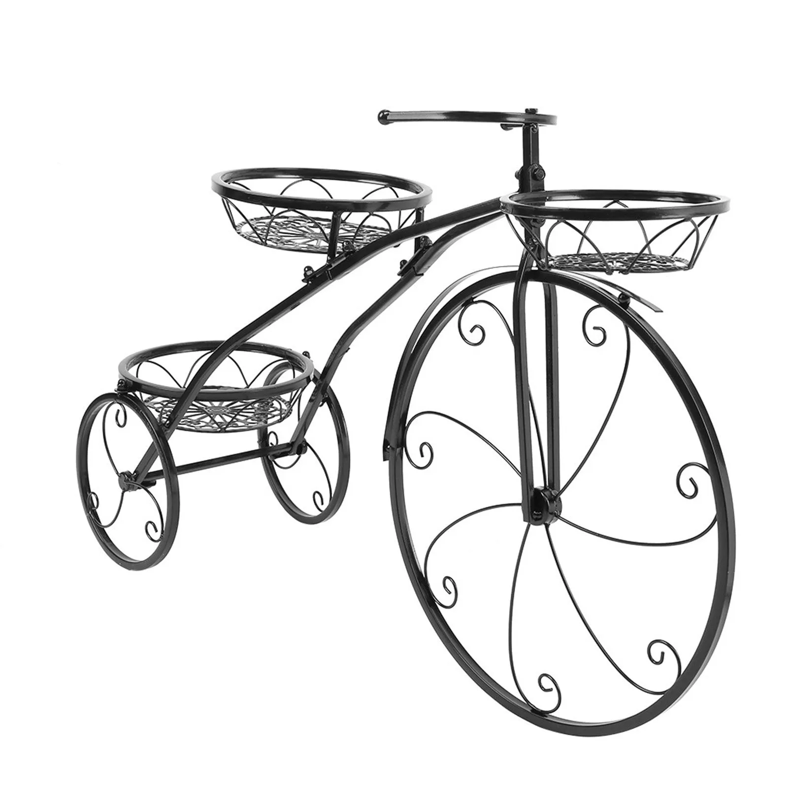 Black wrought iron tricycle plant stand with three round basket tiers and decorative scroll wheels