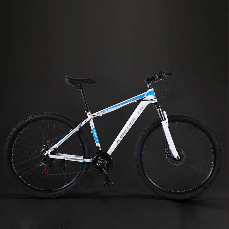 Aluminium alloy mountain bike with disc brakes and front suspension in black and blue colour