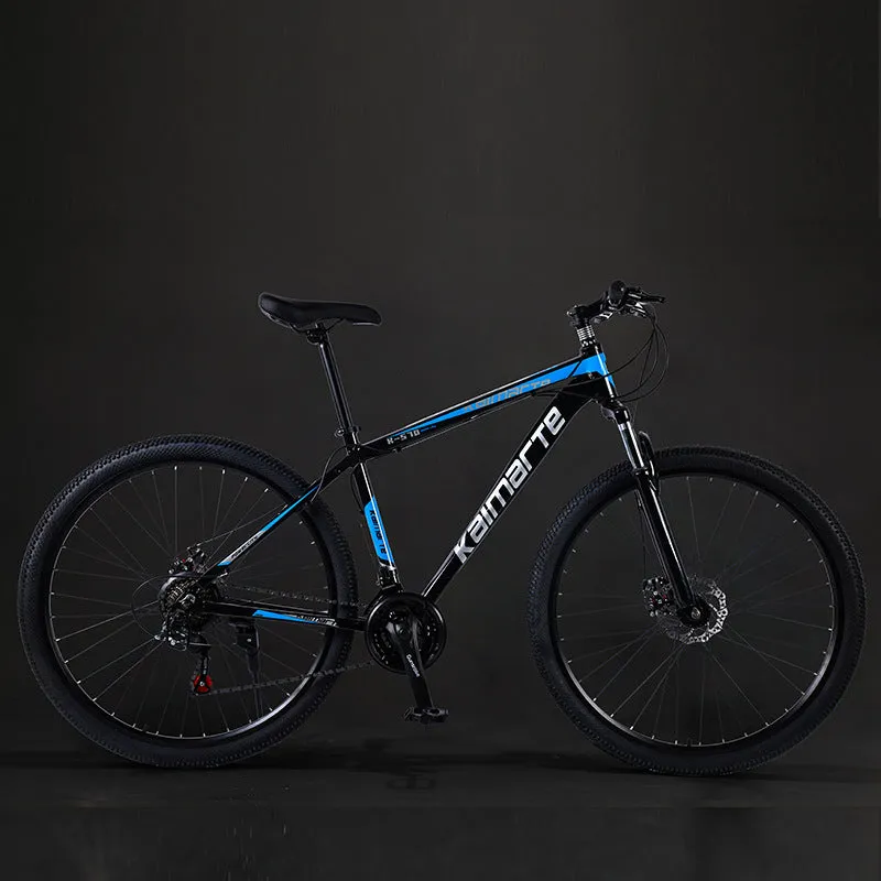 Aluminium alloy mountain bike with disc brakes and front suspension in black and blue colour
