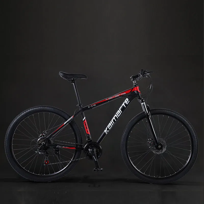 Aluminium alloy mountain bike with disc brakes and front suspension in black and blue colour