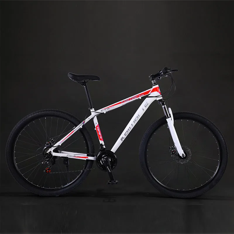 Aluminium alloy mountain bike with disc brakes and front suspension in black and blue colour