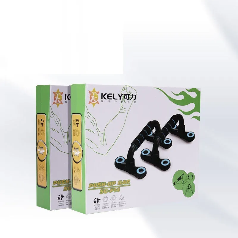 Multifunctional I-shaped detachable push up bars with black fruit green foam grip on a home gym floor