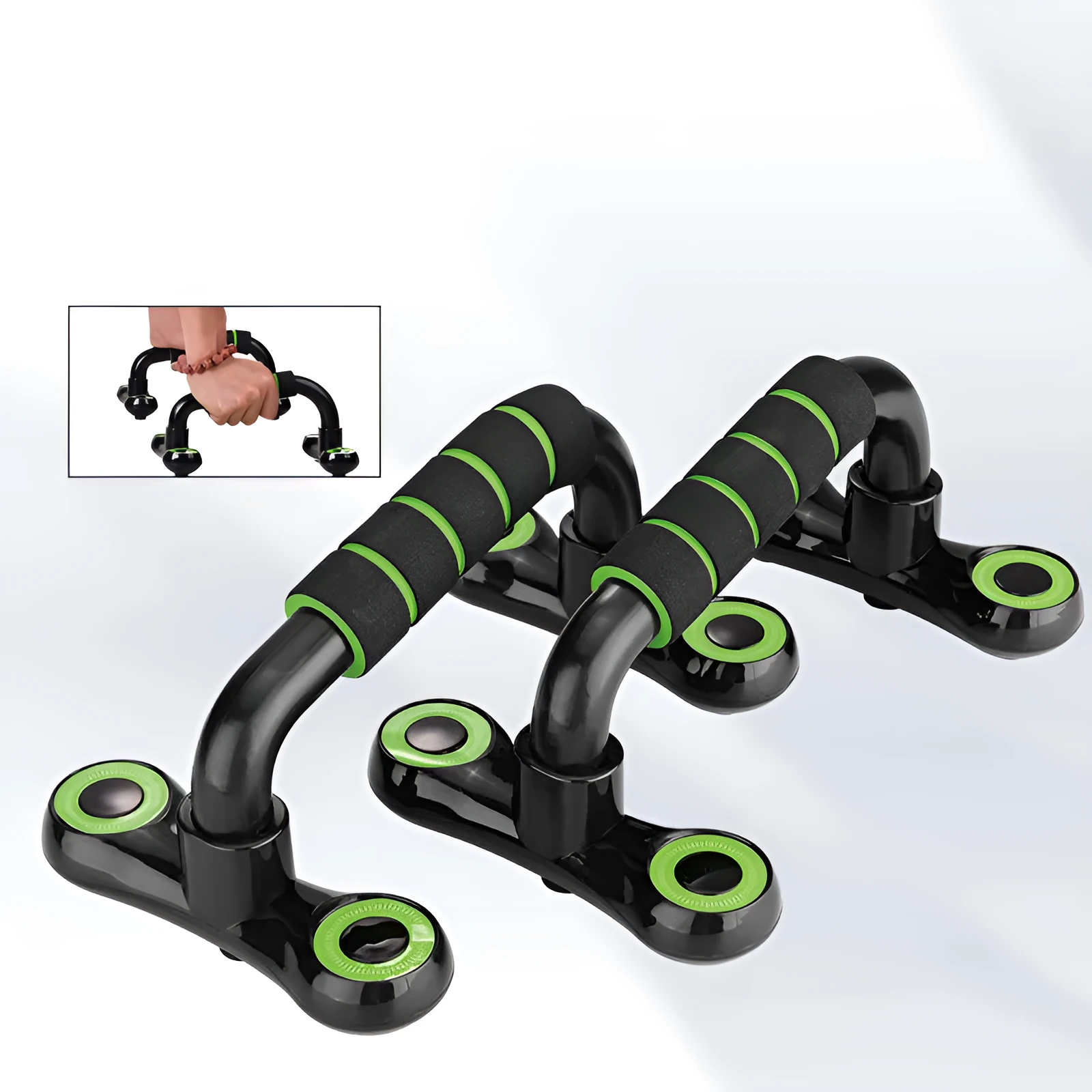Multifunctional I-shaped detachable push up bars with black fruit green foam grip on a home gym floor