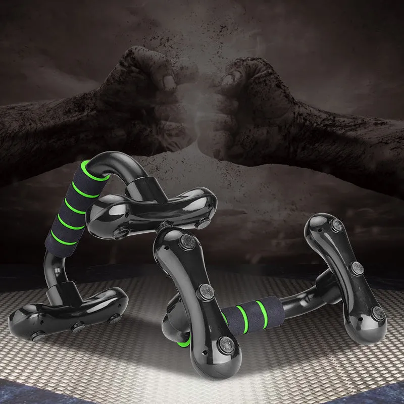 Multifunctional I-shaped detachable push up bars with black fruit green foam grip on a home gym floor