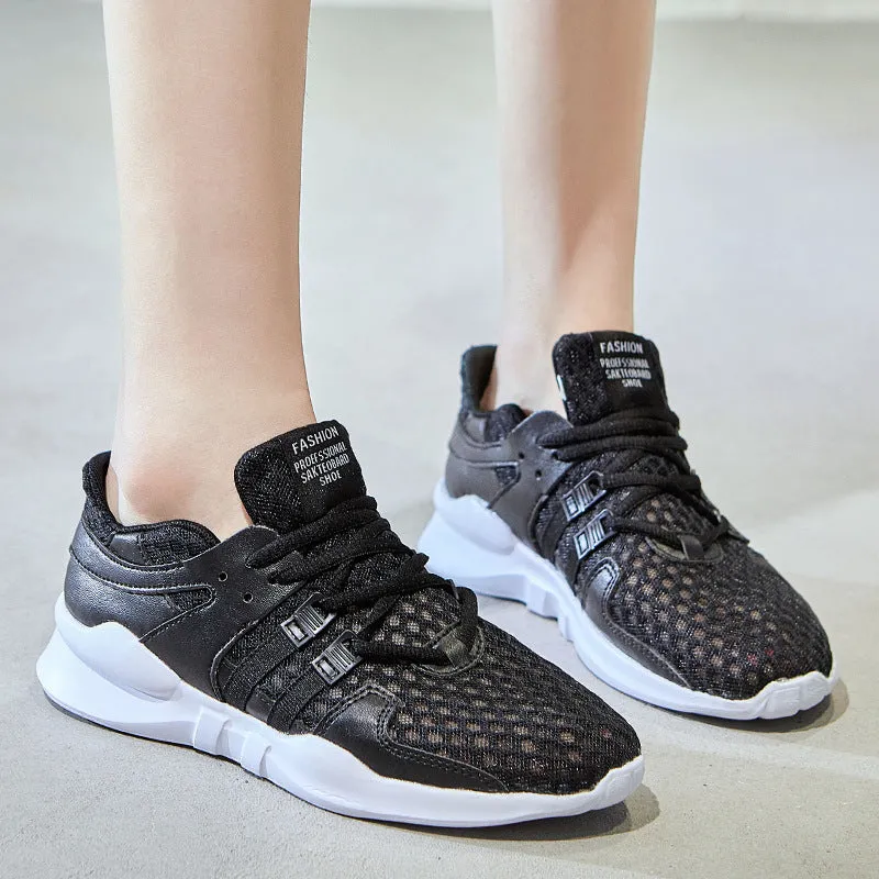 Breathable hollow out mesh casual sneakers in black and white colours with round toe design
