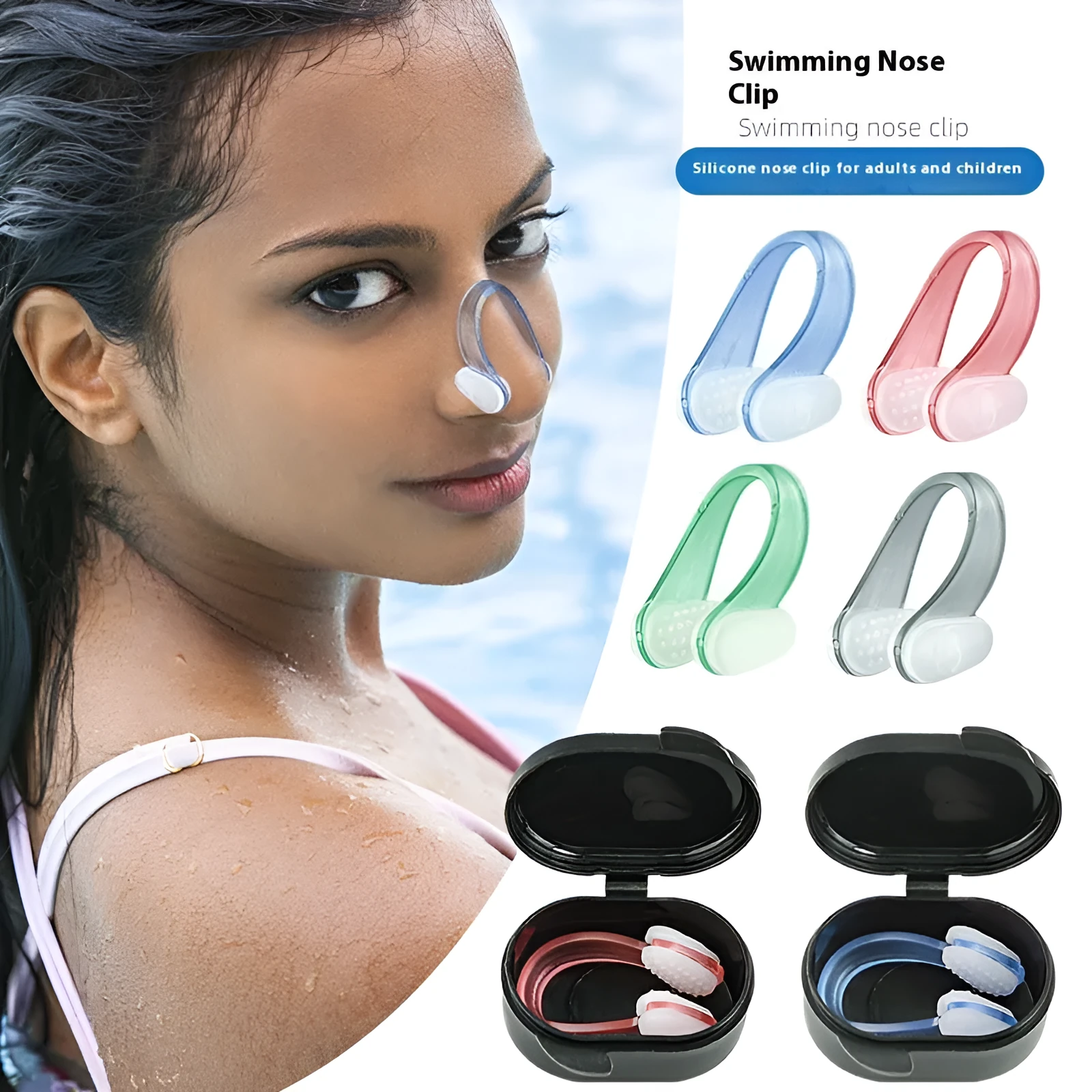 Silicone nasal splint for swimming, available in four colours, suitable for children and adults