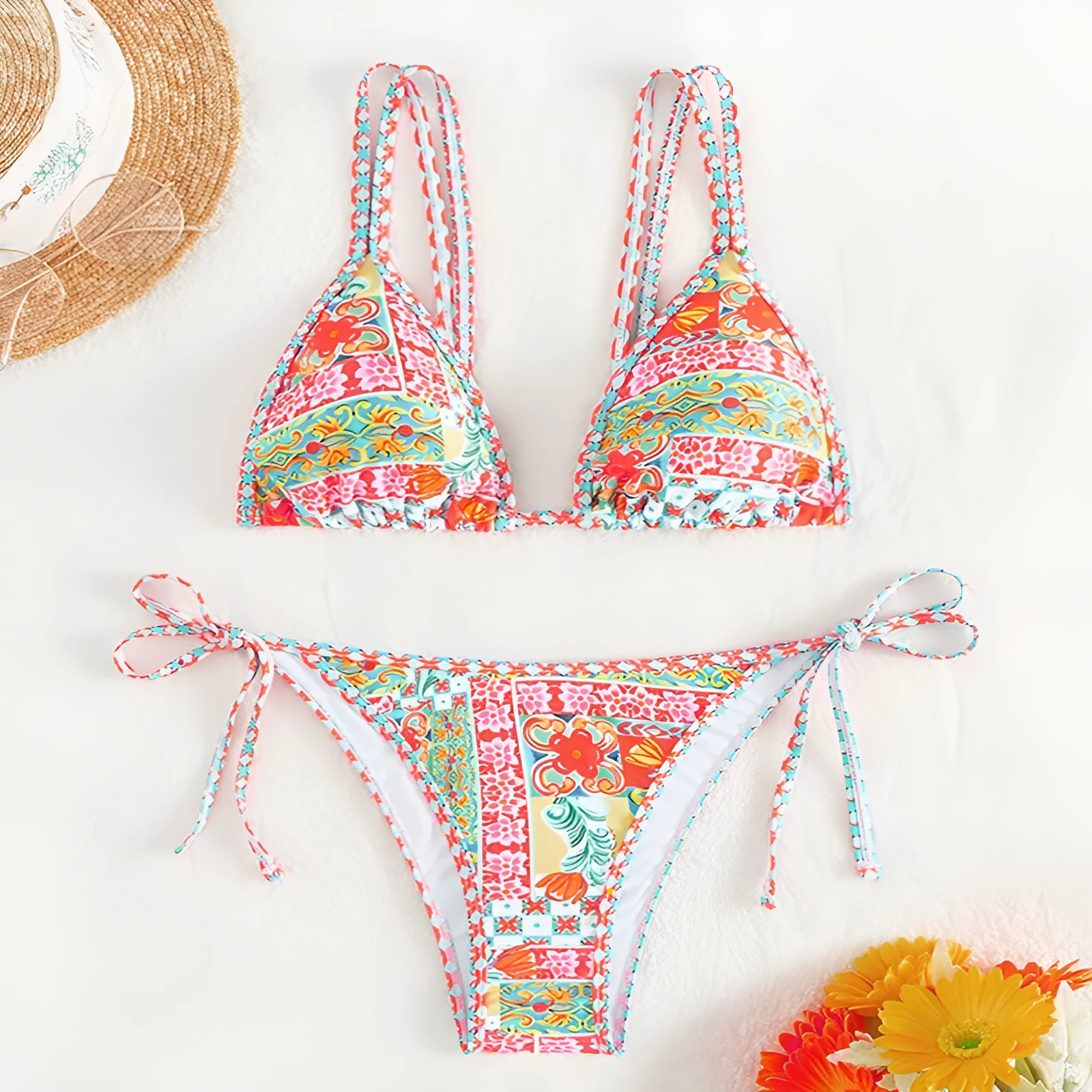 Women's lace-up split swimsuit with backless design and high-leg briefs in polyester spandex
