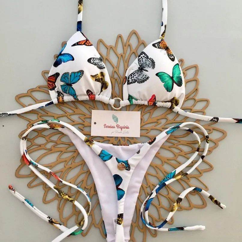 Split bikini set in high-waist Brazilian style, nylon and polyester, available in multiple colours and sizes S M L