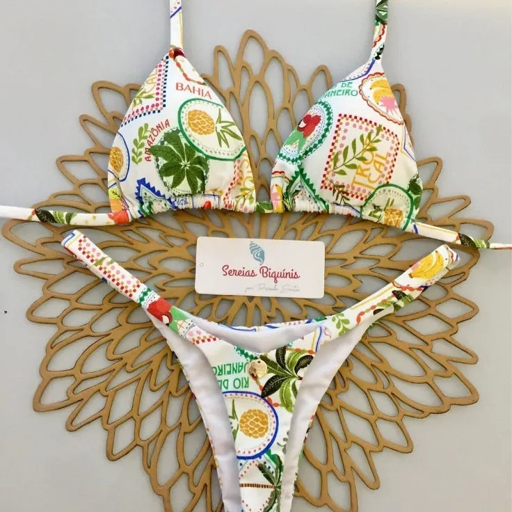 Split bikini set in high-waist Brazilian style, nylon and polyester, available in multiple colours and sizes S M L