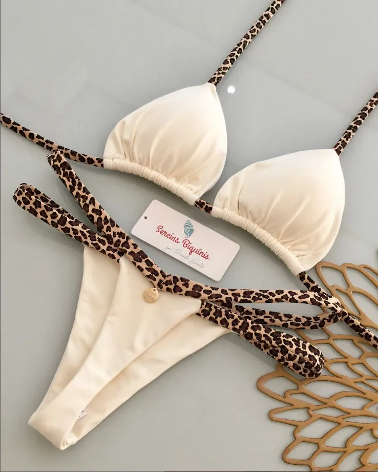 Split bikini set in high-waist Brazilian style, nylon and polyester, available in multiple colours and sizes S M L