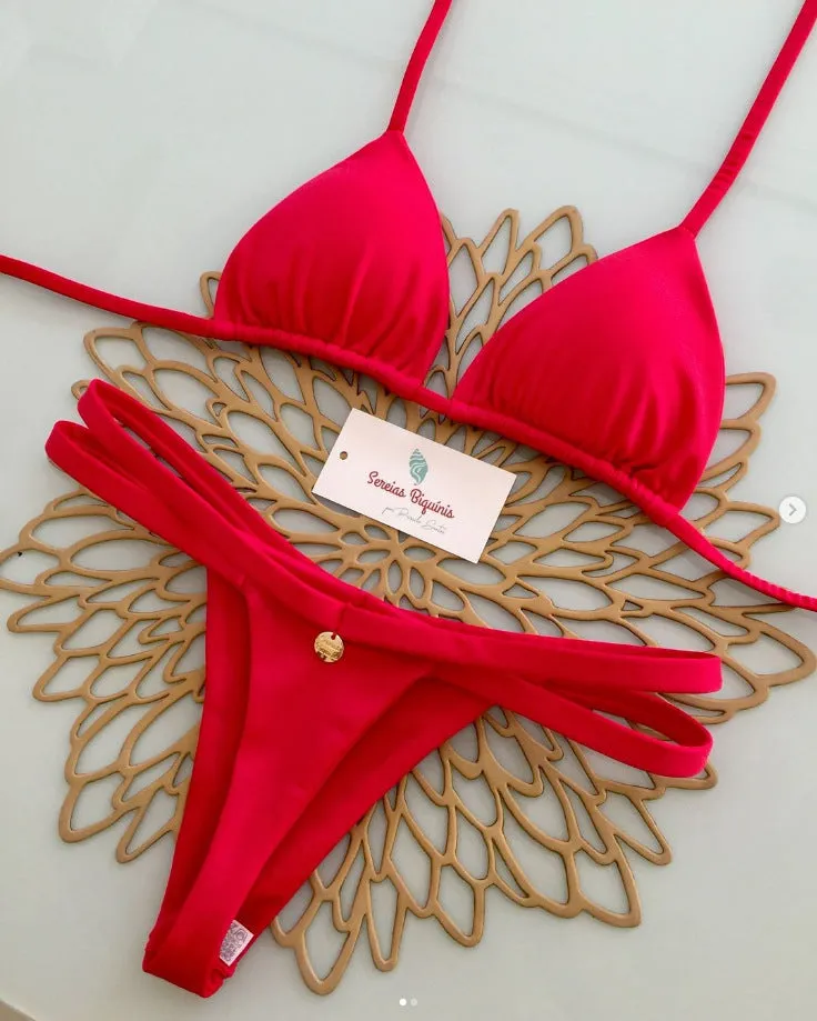 Split bikini set in high-waist Brazilian style, nylon and polyester, available in multiple colours and sizes S M L