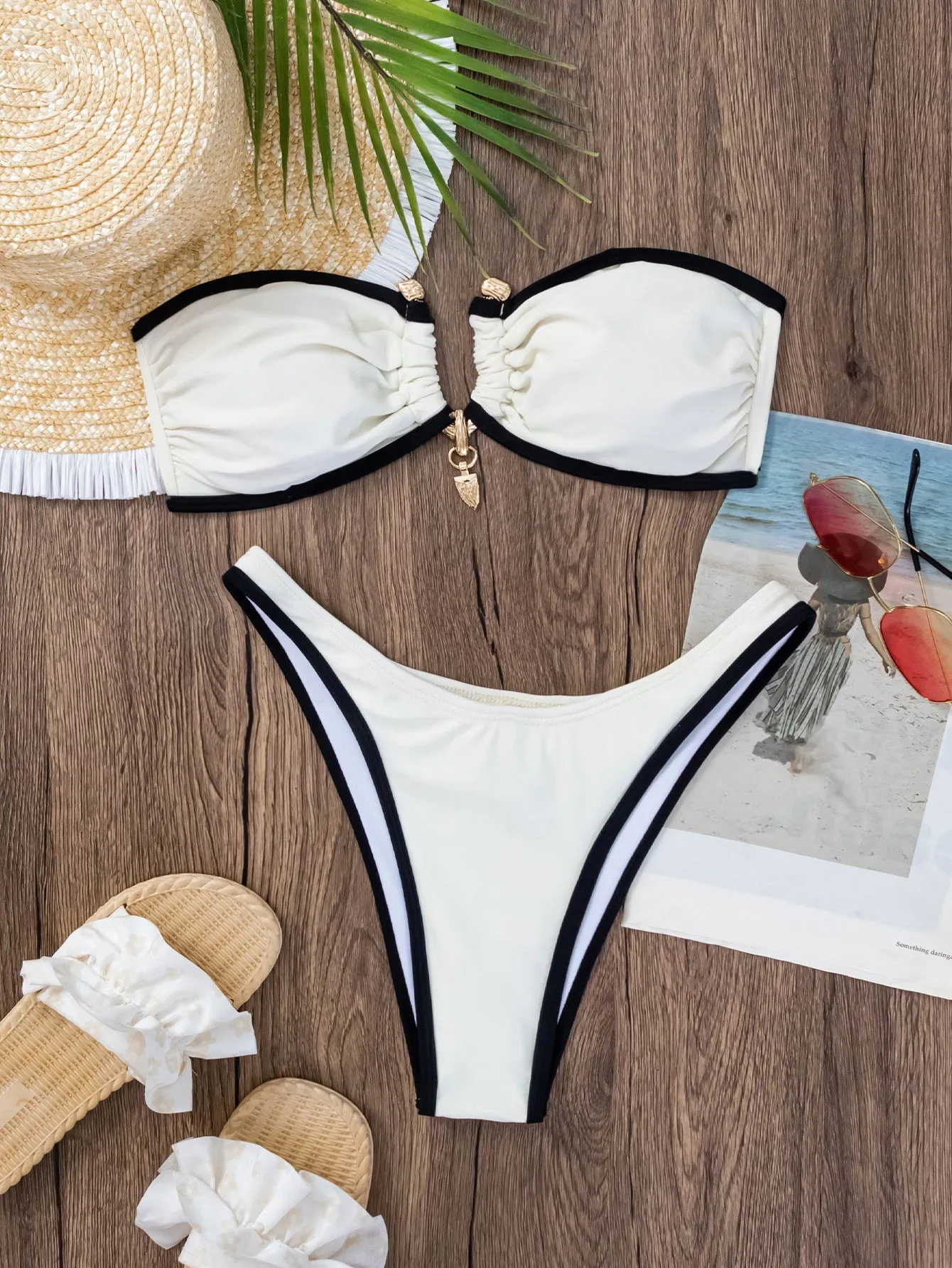 Women's beige nylon tube top bikini set with colour contrast detail on sleeveless top and matching pants