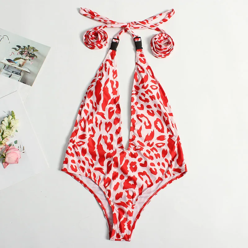 Women's leopard print bandage backless one-piece swimsuit in polyamide elastane fabric