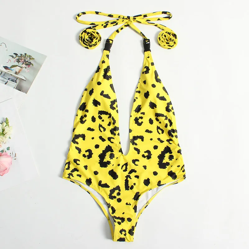 Women's leopard print bandage backless one-piece swimsuit in polyamide elastane fabric