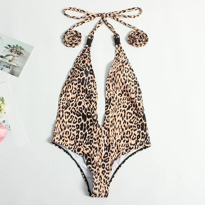Women's leopard print bandage backless one-piece swimsuit in polyamide elastane fabric