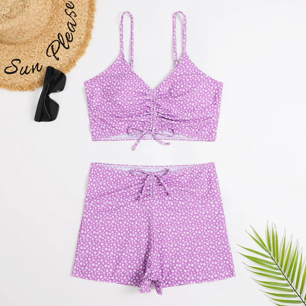 Women's printed conservative boxer pleating split swimsuit in XINGX colour, polyester fabric, sizes S M L