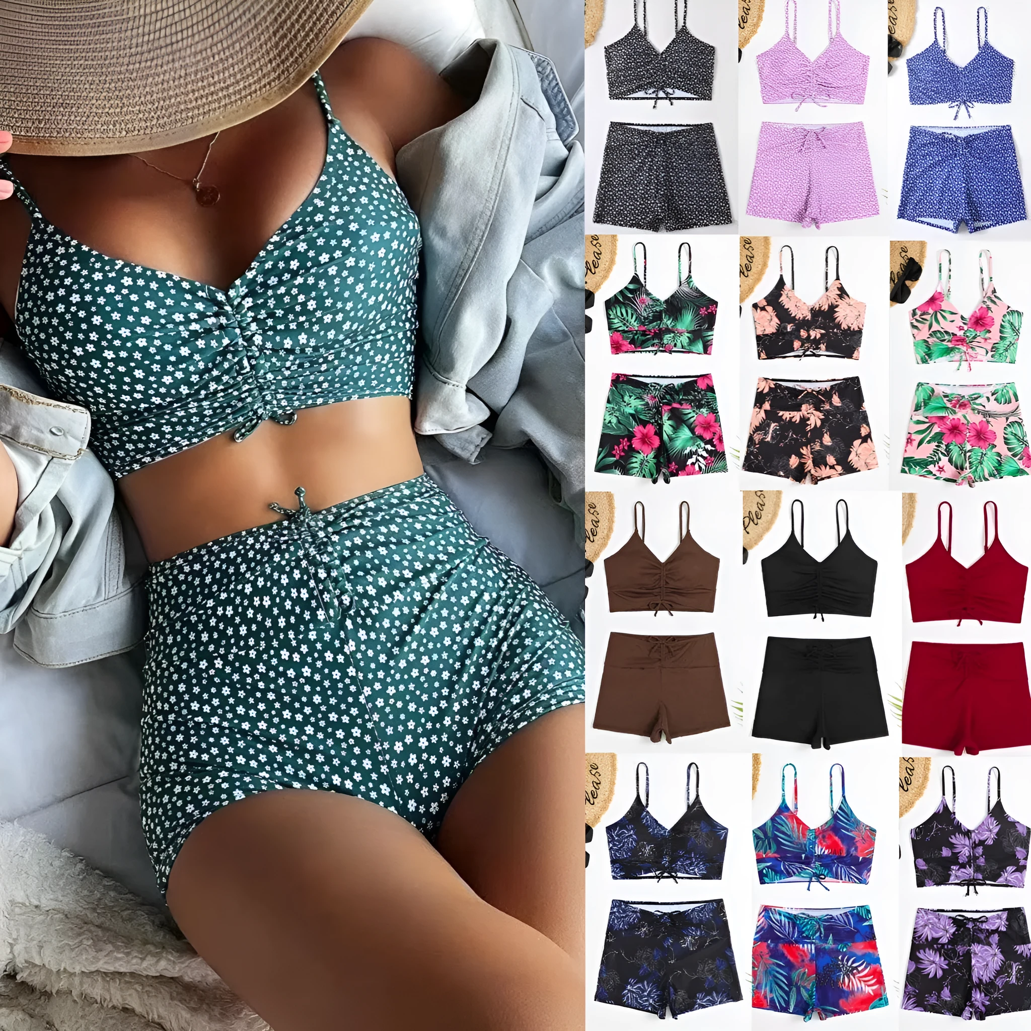 Women's printed conservative boxer pleating split swimsuit in XINGX colour, polyester fabric, sizes S M L