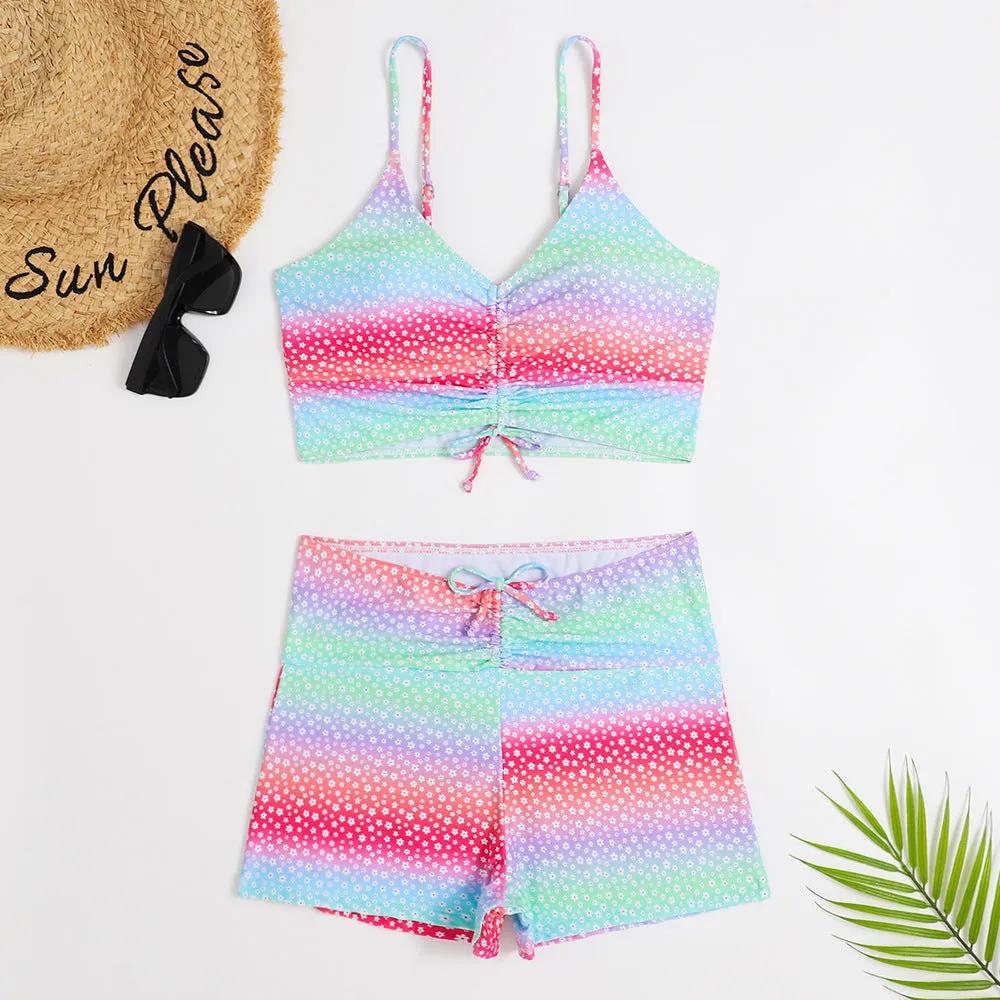 Women's printed conservative boxer pleating split swimsuit in XINGX colour, polyester fabric, sizes S M L