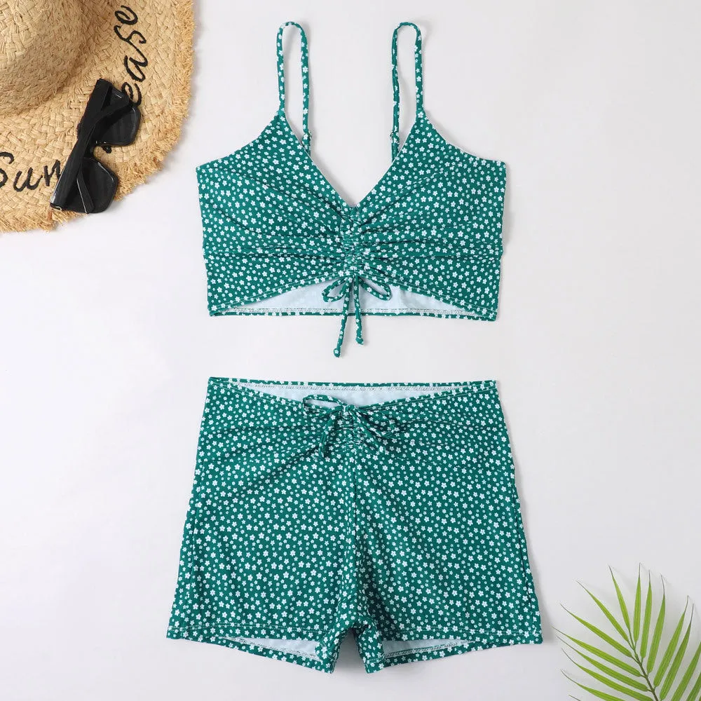 Women's printed conservative boxer pleating split swimsuit in XINGX colour, polyester fabric, sizes S M L