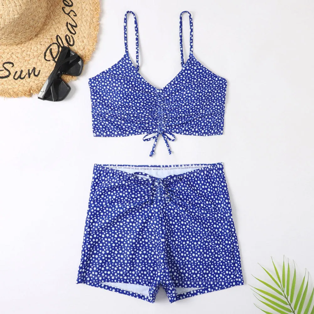 Women's printed conservative boxer pleating split swimsuit in XINGX colour, polyester fabric, sizes S M L