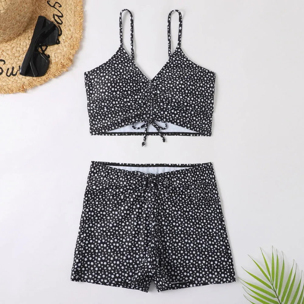 Women's printed conservative boxer pleating split swimsuit in XINGX colour, polyester fabric, sizes S M L