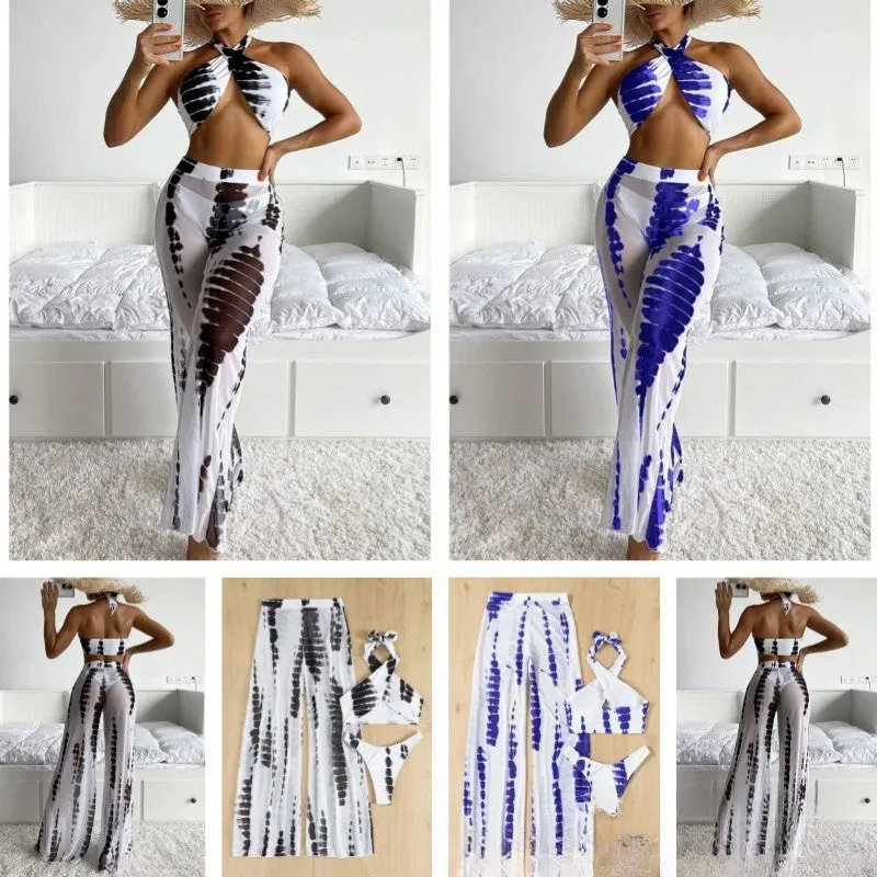 Women's three-piece swimsuit set with mesh trousers in printing design
