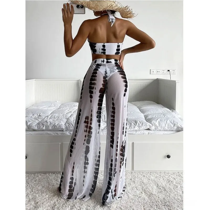 Women's three-piece swimsuit set with mesh trousers in printing design