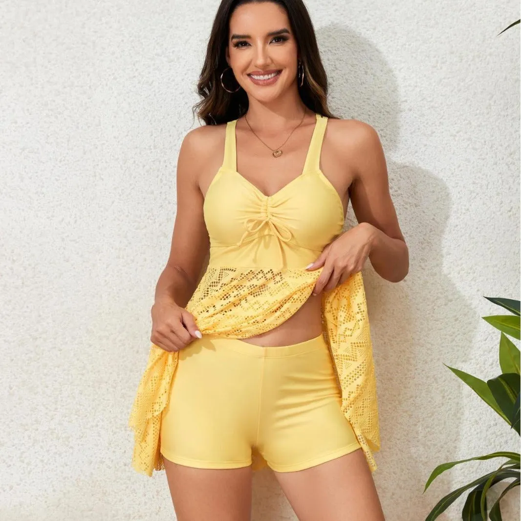Women's skirt split two-piece swimsuit set in black, backless high elasticity polyester spandex design for swimming and wading