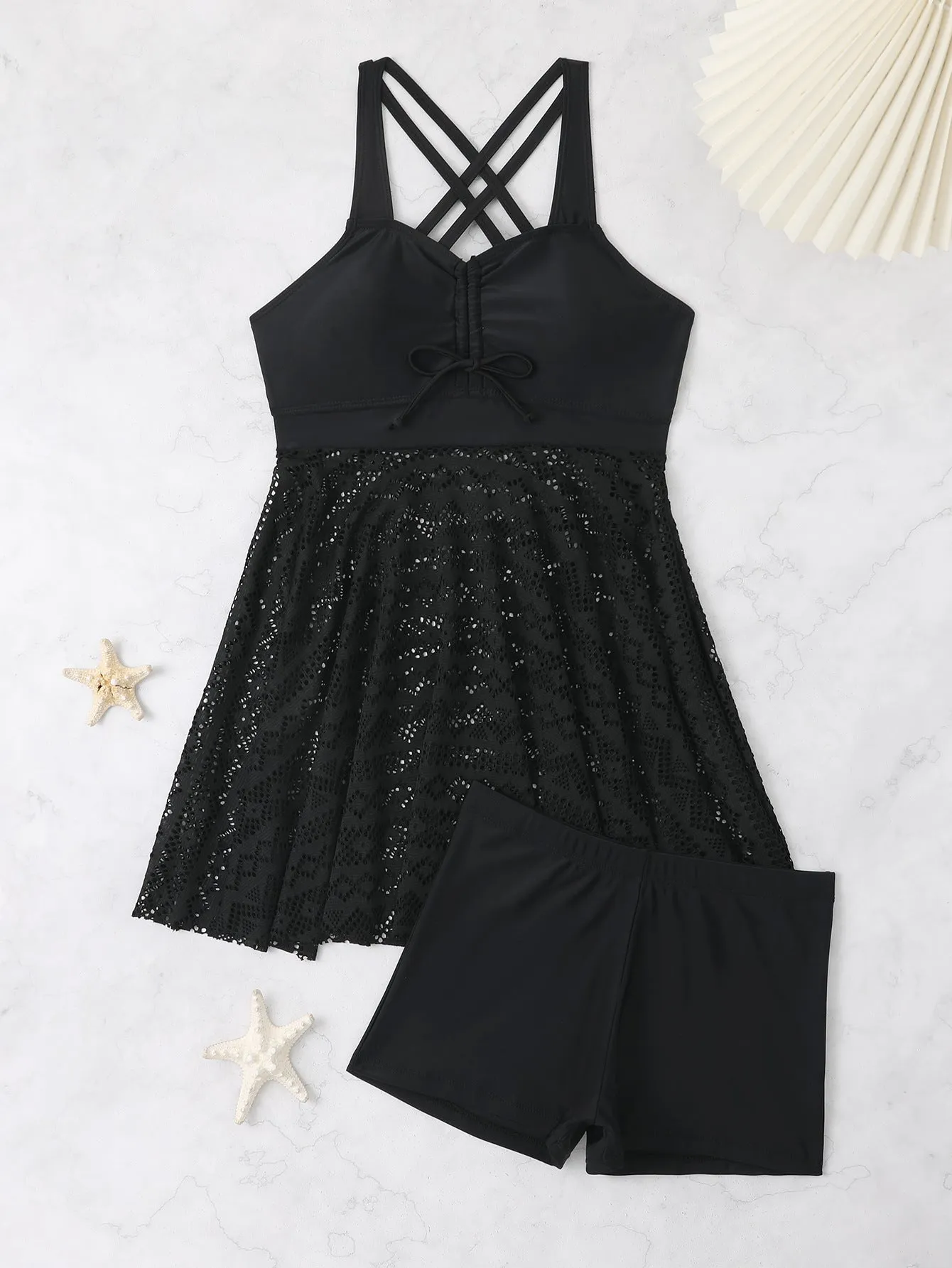 Women's skirt split two-piece swimsuit set in black, backless high elasticity polyester spandex design for swimming and wading